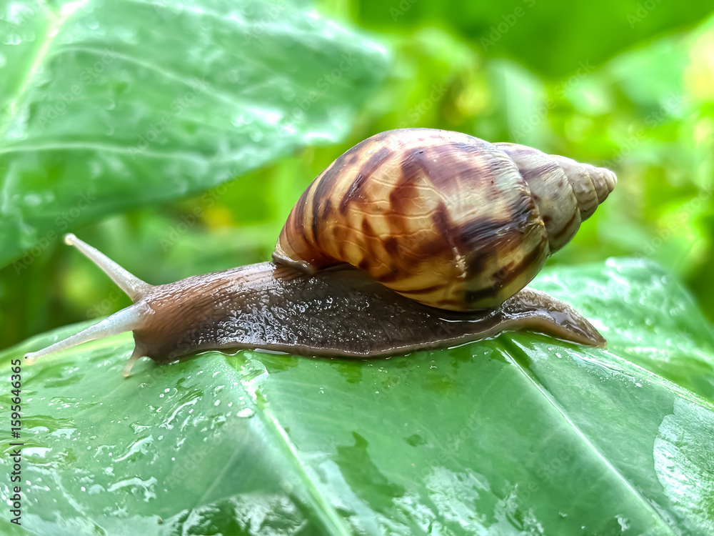 Close up of snails in the leaves, giant african snail (Lissachatina fulica)