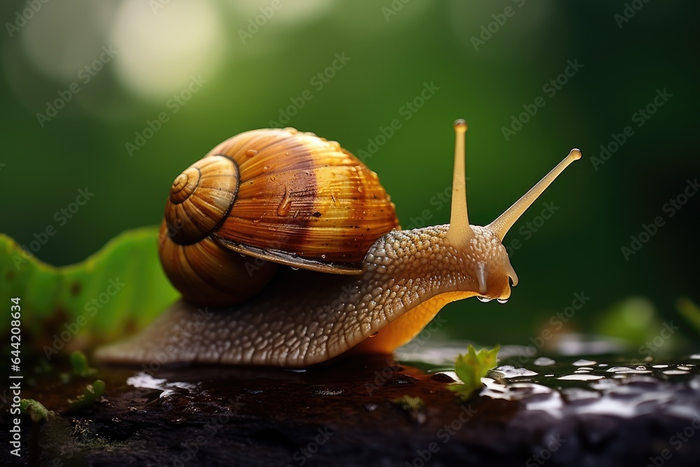 Macro shot of a snail on the grass after the rain