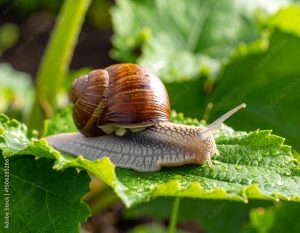 Snail on Vegetable Leaf with Garden Background